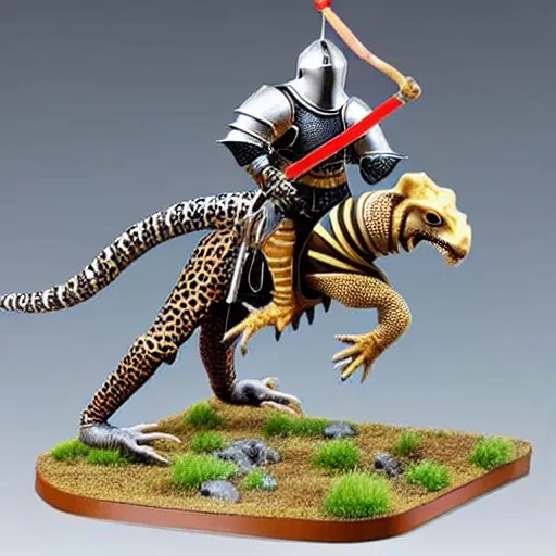 Image similar to A medieval knight riding on a giant two legged leopard gecko, highly detailed, painted wargaming miniature