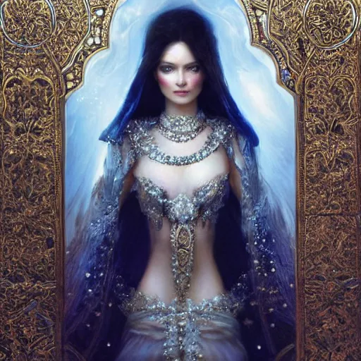 Image similar to a beautiful woman wearing a white dress made of silver with jewelry and diamonds by karol bak, ayami kojima, sakimichan, arabian beauty, blue eyes, smile, concept art, fantasy