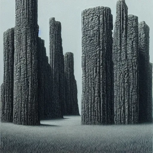 Image similar to monolithic buildings among the trees, by Zdzisław Beksiński