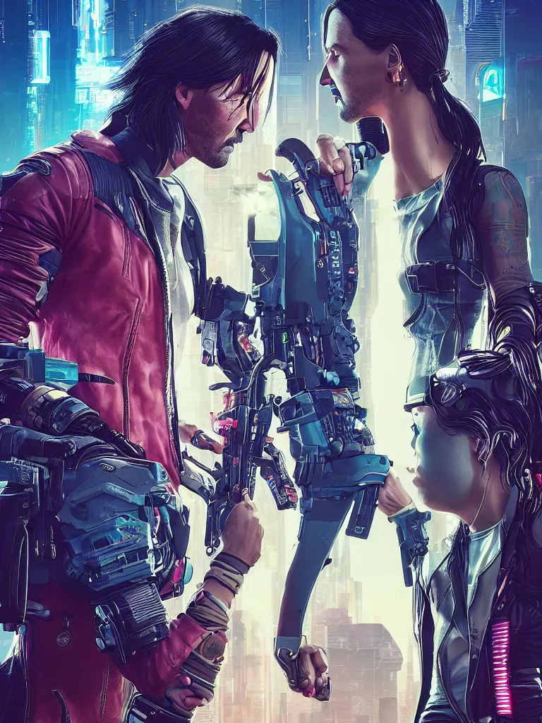 Image similar to a cyberpunk 2077 couple portrait of Keanu Reeves as Johnny Silverhand and female V in daily life ,love story, pray, hug, hold, kiss, film lighting, by Josan Gonzalez,Andrei Riabovitchev, Tom Bagshaw,Laurie Greasley, Dan Mumford, John Wick, Speed, Replicas, Destination Wedding, The Lake House, artstation, full of color, Digital painting, face enhance, highly detailed,8K, octane, golden ratio, cinematic lighting