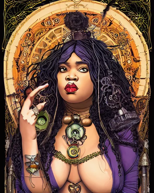 Prompt: a detailed portrait illustration of a steampunk sorceress - laywer. beautiful obese black female face, very dark skin. art nouveau, pop art, comic book style. influenced by neil gaiman, h. p. lovecraft, dan mumford, brian froud, kehinde wiley, killian eng, ross tran.