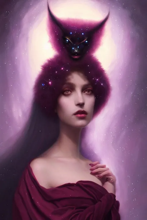 Image similar to Nocturne, glowing, stars, a portrait of a beautiful female shadow djinn creature with long fur collar, highly detailed, mysterious, ethereal, dressed in red violet velvet, haute couture, illustration, dramatic lighting, soft details, painting, by Edmund Blair Leighton, Brom, Charlie Bowater, trending on artstation, faces by Tom Bagshaw, otto schmidt