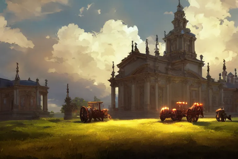 Image similar to a mobile driving ornate baroque church mounted on chaindrive, scene in an open field. key visual, conceptart, ambient lighting, highly detailed, digital painting, artstation, concept art, sharp focus, by makoto shinkai and akihiko yoshida and greg manchess