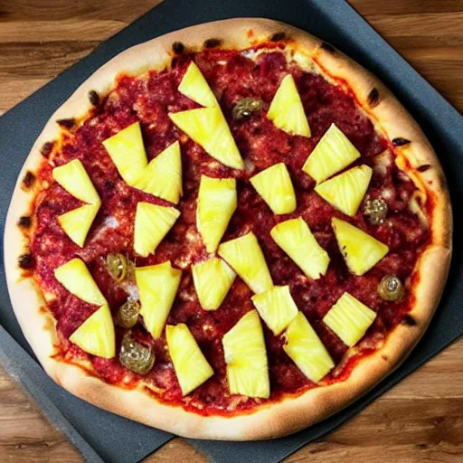 Prompt: dog shaped pineapple toppings on a pizza