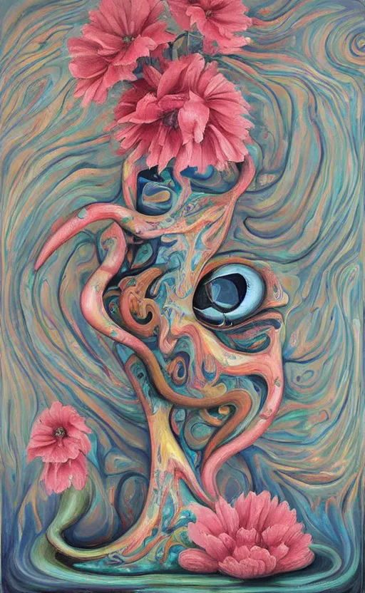 Image similar to a biomorphic painting of a vase with flowers and eyeballs in it, a surrealist painting by Bridget Bate Tichenor, by Georgia O'Keeffe, by Amanda Sage, pastel blues and pinks, featured on artstation, metaphysical painting, oil on canvas, fluid acrylic pour art, airbrush art, marbled