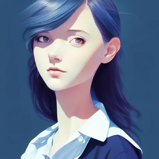 Image similar to urban high school girl in shirt fanart, dark blue long hair, muted colors, matte print, pastel colors, ornate, digital art, digital painting, fan art, elegant, artstation, by Ilya Kuvshinov