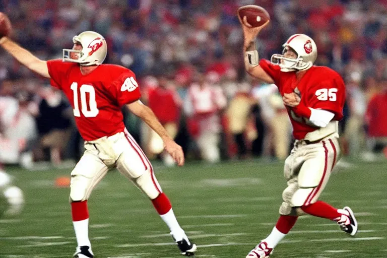 Image similar to joe montana throwing a baby for the winning touchdown superbowl 1 9 9 4