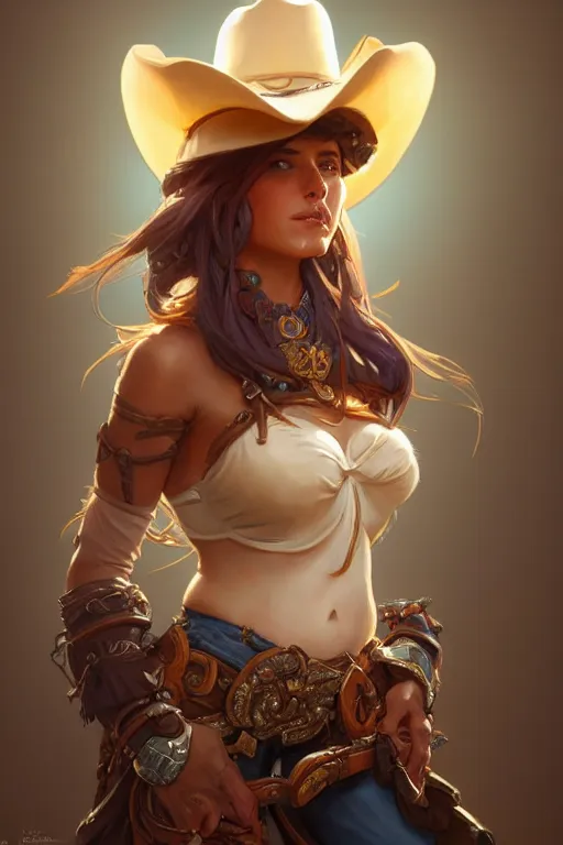 Image similar to beautiful female cowgirl, full body shot, d & d, fantasy, intricate, elegant, highly detailed, digital painting, artstation, concept art, matte, sharp focus, illustration, hearthstone, art by artgerm and greg rutkowski and alphonse mucha