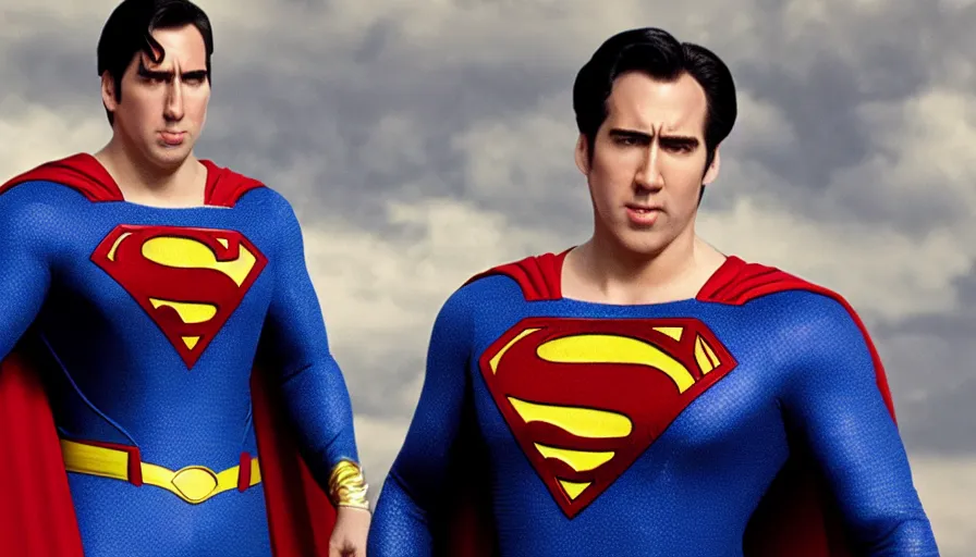 Image similar to nicholas cage as superman, film footage, superman returns ( 2 0 0 6 ), 4 k, highly detailed, screencap