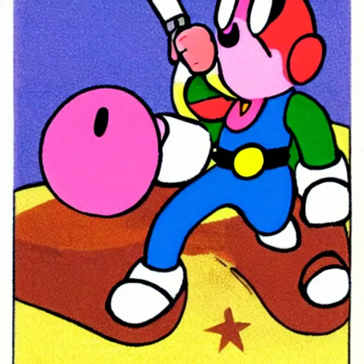 Prompt: kirby holding a pistol, cartoon