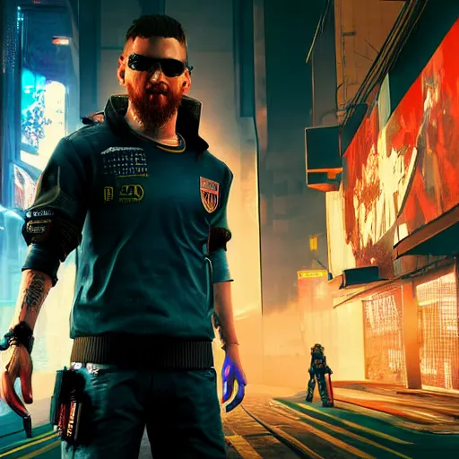 Image similar to Messi as cyberpunk, cyberpunk 2077, detailed, Octane, 8K resolution,