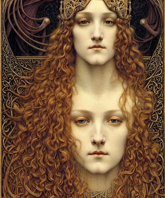 Image similar to detailed realistic beautiful young medieval queen face portrait by jean delville, gustave dore and marco mazzoni, art nouveau, symbolist, visionary, gothic, pre - raphaelite. horizontal symmetry