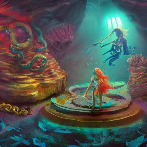 Image similar to dystopian fantasy undersea rock concert. On stage, the drummer is squid woman with tentacles playing a big rock&roll drum kit, by Philipp A. Urlich and Pengzhen Zhang an Andreas Rocha, fantasy, intricate, elegant, highly detailed, digital painting, artstation, blender, unreal engine 5, octane render, smooth, sharp focus, illustration