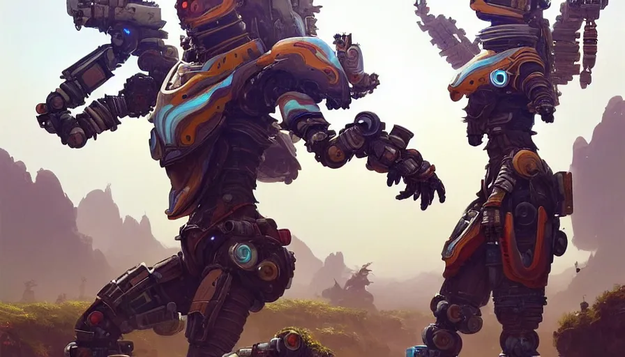 Image similar to a warrior robot astronaut, floral! looks like a machine from horizon zero dawn designed by apple, in socotra island, posing for a fight, intricate, elegant, highly detailed, digital painting, establishing shot, an epic fantasy, artstation, smooth, sharp focus, illustration, art by artgerm and greg rutkowski, 8 k