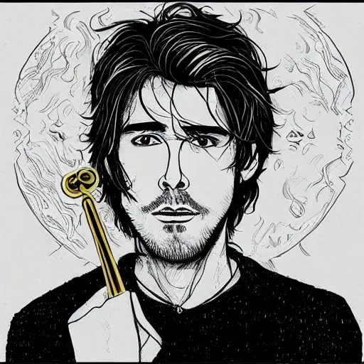 Image similar to pen and ink!!!! attractive 22 year old deus ex George Harrison x Ryan Gosling golden!!!! Vagabond!!!! floating magic swordsman!!!! glides through a beautiful!!!!!!! battlefield magic the gathering dramatic esoteric!!!!!! pen and ink!!!!! illustrated in high detail!!!!!!!! by Moebius and Hiroya Oku!!!!!!!!! graphic novel published on Cartoon Network MTG!!! 2049 award winning!!!! full body portrait!!!!! action exposition manga panel