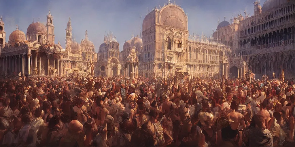 Image similar to Renaissance Venice in summer, fantasy, festivities, dancing people in the crowd, Matte Painting, evening, Craig Mullins