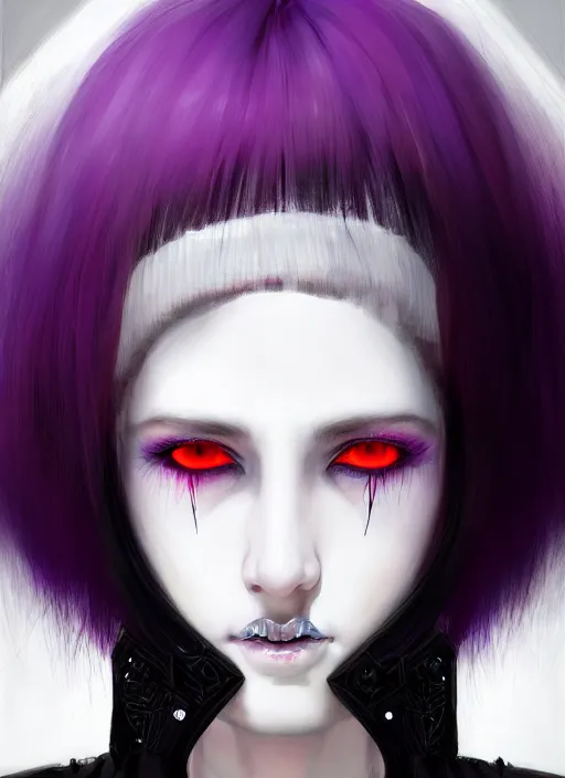 Image similar to whitebangs, black hair, black cyberlox, portrait of normal teenage girl, normal face, white bangs, fluffy bangs, cyberlox, whitebangs, red contact lenses, purple background, intricate, elegant, highly detailed, digital painting, artstation, concept art, sharp focus, smooth, illustration, art by wlop, mars ravelo and greg rutkowski