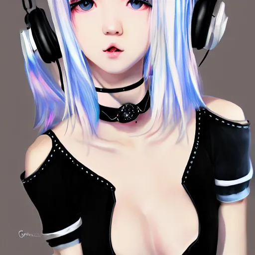 Image similar to realistic teasing detailed semirealism beautiful gorgeous cute Blackpink Lalisa Manoban white hair white cat ears blue eyes, wearing black camisole outfit, headphones, black leather choker full HD 4K high resolution quality WLOP, Aztodio, Taejune Kim, Guweiz, Pixiv, Instagram, Artstation