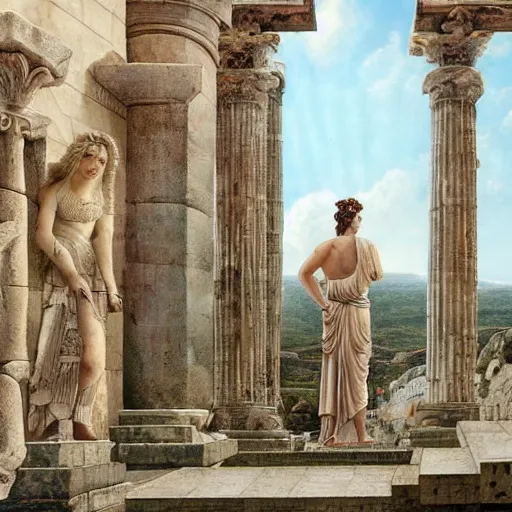 Image similar to young ancient greek godess in helmet, giant gray-haired bearded male head in background, ancient greek temple in background, by David Ligare, wide angle landscape, award winning masterpiece with incredible details, epic stunning, infinity pool, highly detailed, trending on ArtStation, artgerm and greg rutkowski and alphonse mucha, IAMAG, broken giant marble head statue ruins, golden hour