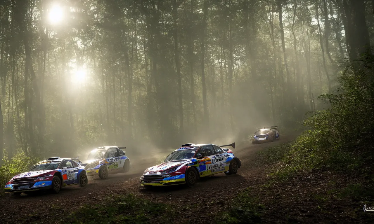Image similar to 3 rally cars racing through a forest misty , sun shining through the trees, motion blur high detail ultra realistic 8k,