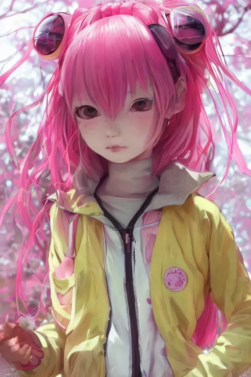 Prompt: lovely japanese girl, pink hair covered with hairpins, big eyes, yellow lolita jacket, huge schoolbag, pink shorts, inflatable sandals. future technology,, fantasy art by saruei and guweiz and ilya kuvshinov, sleek curves, intricate sharp focus, trending on artstation hq, deviantart, pinterest, unreal engine 5, 4 k uhd image