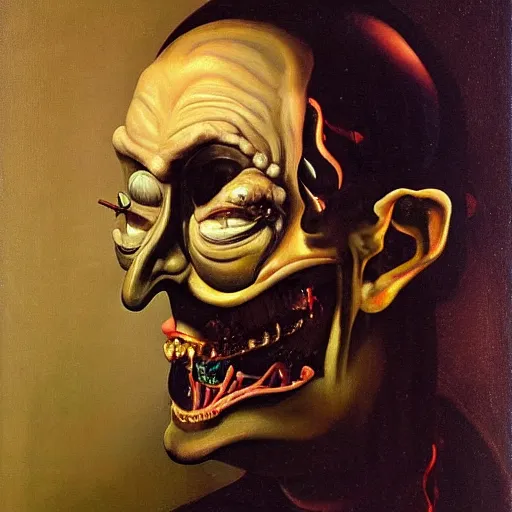 Image similar to Oil painting by Christian Rex Van Minnen and Salvador Dali of a portrait of an extremely bizarre disturbing mutated man with intense chiaroscuro lighting perfect composition