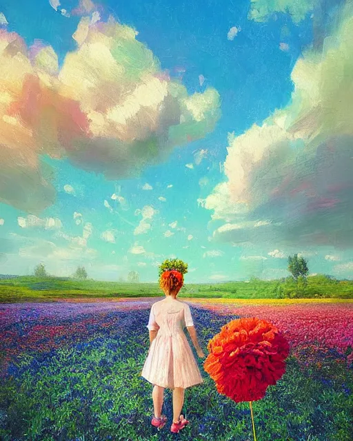 Image similar to girl with a giant carnation head, surreal photography, flower field, sunset dramatic light, impressionist painting, colorful clouds, blue sky, digital painting, artstation, simon stalenhag