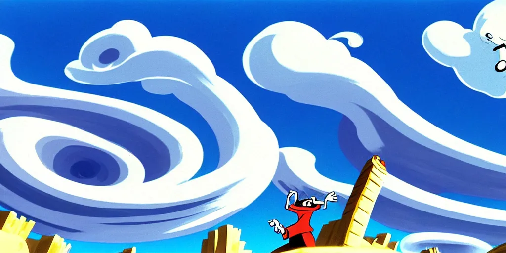 Image similar to cartoon concept art, clean blue sky, spiral clouds, from sam and max, from the hortons