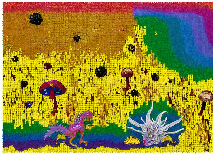 Prompt: pixel decollage painting golden armor alien zombie horseman riding on a crystal bone dragon broken rainbow diamond maggot horse in a blossoming meadow full of colorful mushrooms and golden foil toad blobs in a golden sunset, distant forest horizon, painted by Mark Rothko, Helen Frankenthaler, Danny Fox and Hilma af Klint, pixelated, neo expressionism, semi naive, pastel colors, cinematic, color field painting, cave painting, voxel, pop art look, outsider art, minimalistic. Bill Traylor painting, part by Philip Guston, Amano and Francis Bacon. art by Adrian Ghenie, very coherent symmetrical artwork, cinematic, hyper realism, high detail, octane render, unreal engine, Smooth gradients, depth of field, full body character drawing, extremely detailed, 8k, extreme detail, intricate detail, masterpiece