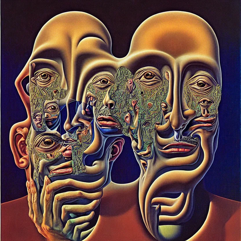 Image similar to a face coming out of a face coming out of a man's head, recursion, fractals, surreal, by salvador dali and mc escher and max ernst, oil on canvas, weird, dreams, fantasy, intricate details, soft lighting, warm colors