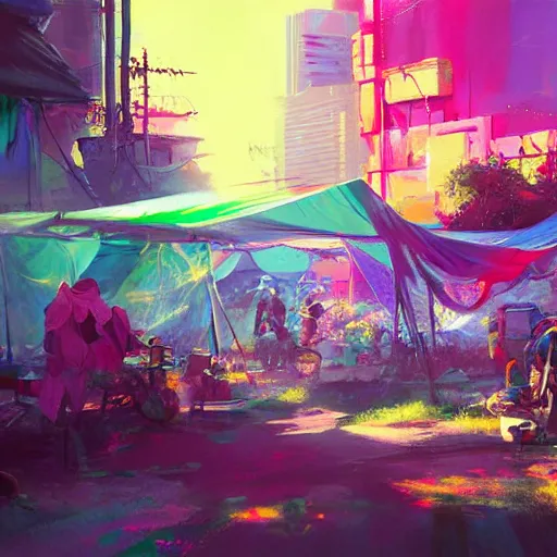 Image similar to acrylic painting, strong emotional impact, bold pastel colors, expressive brushstrokes, overall sense of movement in the composition. hippie bohemian encampment with tie - dye tents and a garden. cyberpunk art by liam wong, cgsociety, panfuturism, nature utopia, anime aesthetic