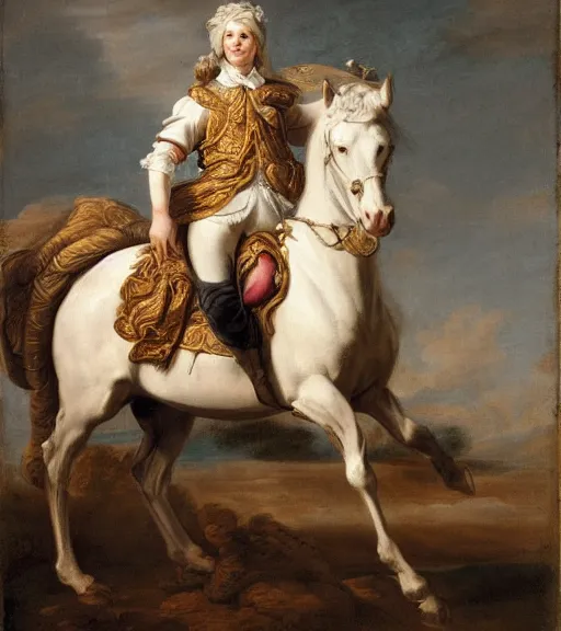 Prompt: a painting of a man riding a white horse, a flemish baroque by elisabeth vigee le brun, behance, rococo, rococo, flemish baroque, dutch golden age