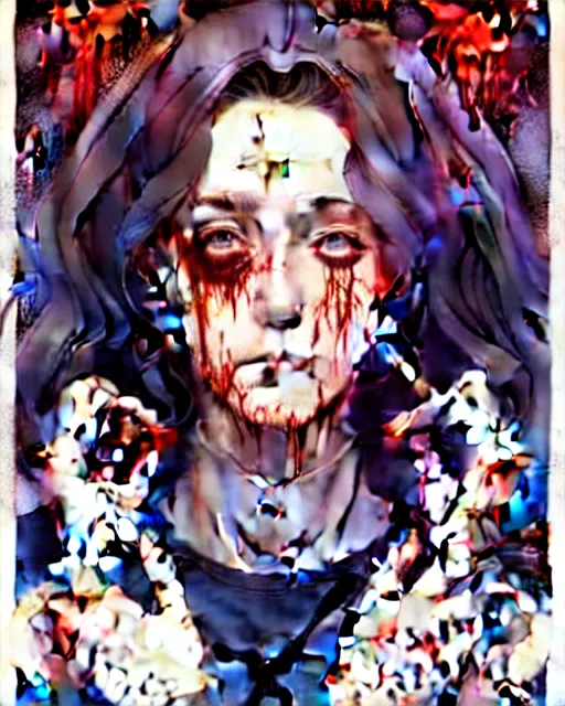 Image similar to artgerm, joshua middleton comic cover art, pretty serial killer maika monroe full body, creepy smiling, covered in blood, symmetrical eyes, symmetrical face, long curly brown hair, standing in front of an abandoned house background