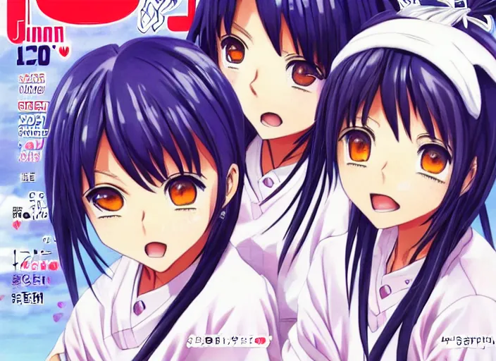 Image similar to ;Weekly Shonen Jump Issue 14, cover, 2000 clannad shuffle toheart event'anime illustration japanese very very beautiful cute girls doing cute things trending on artstation pixiv makoto shinkai smiling super detailed eyes eyebrowless symmetry face visual novel hairpin star