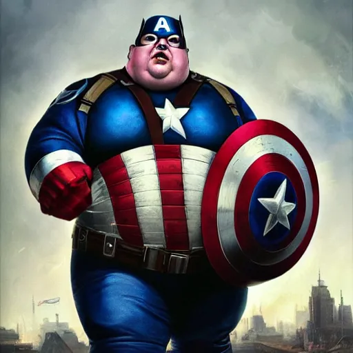 Prompt: hyperrealistic mixed media image of a morbidly obese captain america, stunning 3 d render inspired art by istvan sandorfi and greg rutkowski, perfect facial symmetry, realistic, highly detailed attributes and atmosphere, dim volumetric cinematic lighting, 8 k octane extremely hyper - detailed render, post - processing, masterpiece,