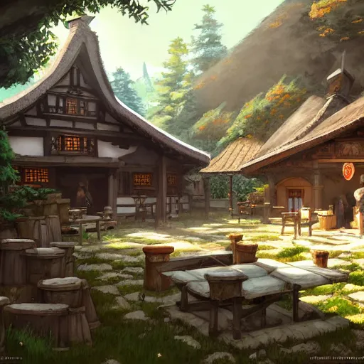 Prompt: concept art painting of a tavern with european and japanese architecture, in a small medieval village surrounded by trees, in a mountain valley, realistic, detailed, cel shaded, in the style of makoto shinkai and greg rutkowski and james gurney