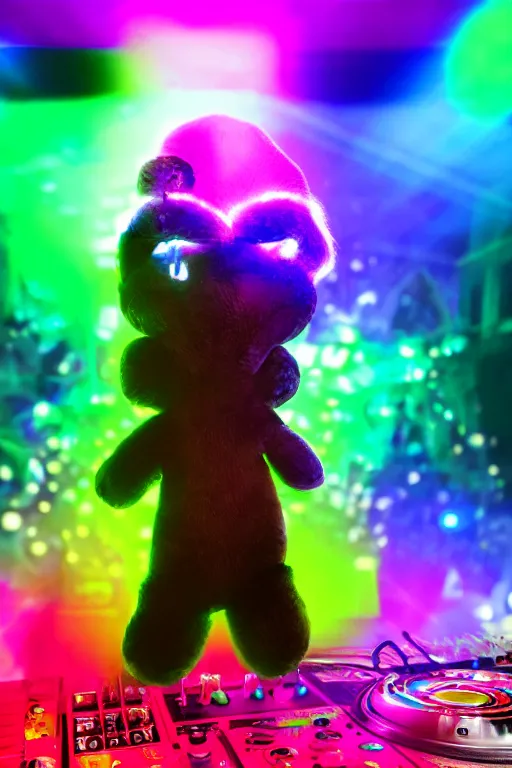 Image similar to stuffed animal DJ at a rave, glowsticks, dramatic lighting, cinematic, establishing shot, extremely high detail, foto realistic, cinematic lighting, post processed, concept art, high details, cinematic, 8k resolution, beautiful detailed, photorealistic, digital painting, artstation, concept art, smooth, sharp focus, artstation trending, octane render, unreal engine