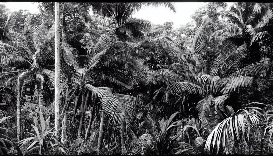 Image similar to lost film footage of a sacred object in the middle of the ( ( ( ( ( ( tropical jungle ) ) ) ) ) ) / film still / cinematic / enhanced / 1 9 2 0 s / black and white / grain