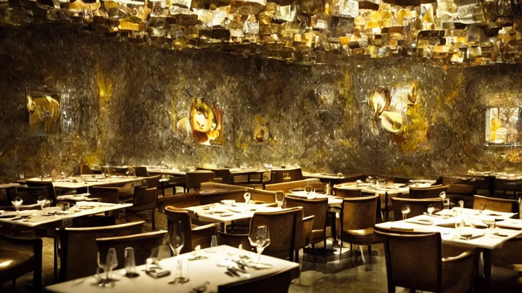 Image similar to restaurant where some of the floor is squares of water, film still from the movie directed by Denis Villeneuve with art direction by Salvador Dalí, wide lens