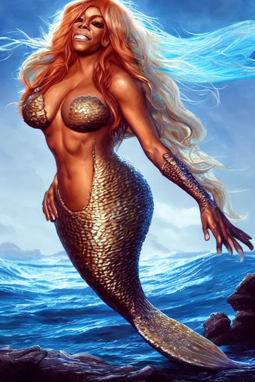 Prompt: wendy williams as mermaid, highly detailed, d & d, fantasy, highly detailed, digital painting, trending on artstation, concept art, sharp focus, illustration, art by artgerm and greg rutkowski and magali villeneuve