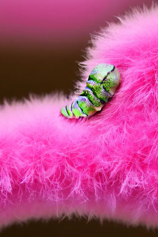 Prompt: high quality close-up photo pearlescent fluffy caterpillar! gorgeous highly detailed hannah yata elson peter cinematic pink lighting high quality low angle hd 8k sharp shallow depth of field