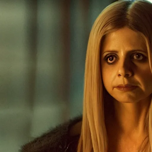 Prompt: Sarah gellar in bladerunner 2049, scary scene,