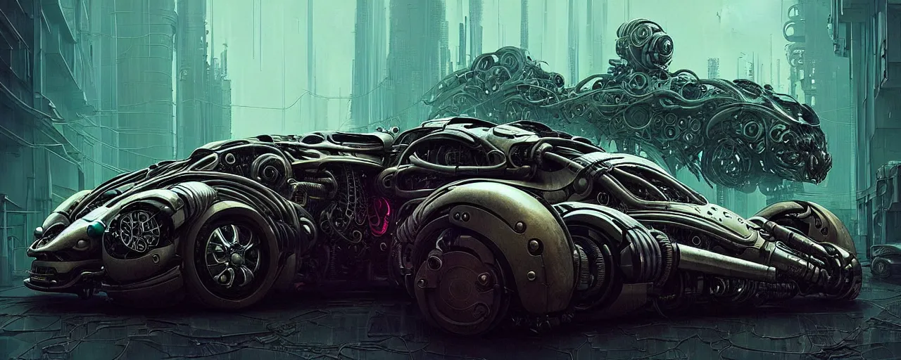 Image similar to shiny cyberpunk vehicle reminiscent of fast car with robotic enhancements parked in ancient mystic woods, gothic and baroque, brutalist architecture, ultradetailed, creepy ambiance, fog, artgerm, giger, Intricate by Ellen Jewett and Josan Gonzalez and Giuseppe Arcimboldo