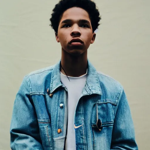 Image similar to realistic! photoshoot for a new nike lookbook, color film photography, portrait of a beautiful person, person wears a jeans jacket, photo in style of tyler mitchell, 35mm