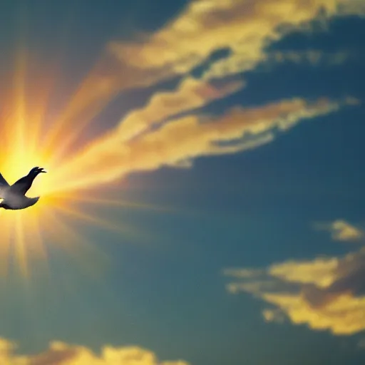 Image similar to Realistic shot of a radiant glowing dove flying over the clouds at sunset, ethereal, vintage photograph, film grain, surreal, awe-inspiring, highly detailed