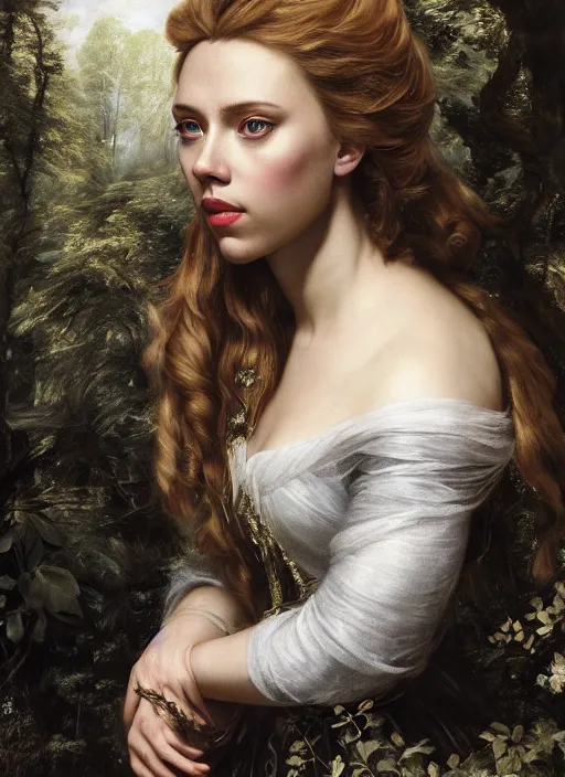 Image similar to Beautiful elsa, Looks like Scarlett Johansson, In the woods, Dramatic, Edge, Good, Infused, Backlight, De-Noise, VFX, insanely detailed and intricate, hypermaximalist, facial ,elegant, ornate, hyper realistic, super detailed, by Anthony Van Dyck, by Ivan Shishkin, by John Constable