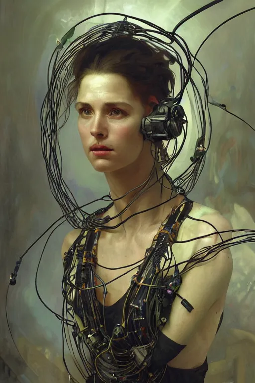 Prompt: hyperrealist portrait of a year 2 0 4 4 space sport engineer, it is decorated with long wires that fall like vines and wears small computers over their body. by jeremy mann and alphonse mucha, fantasy art, photo realistic, dynamic lighting, artstation, poster, volumetric lighting, very detailed faces, 4 k, award winning