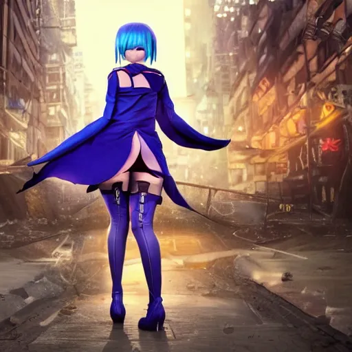 Prompt: breathtaking photo of an attractive young asian elf woman with pointy ears and blue hair, wearing a miniskirt and knee-high boots, crouching in an endlessly sprawling hazy abandoned city at night, Octane render