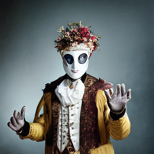 Image similar to portrait of a male dancer with a beautiful porcelain face dressed in a venecian mask, gloves on the hands, rain, cinematic light and reflections, beautiful dreamy lighting, photographed by annie leibovitz, zbrush,