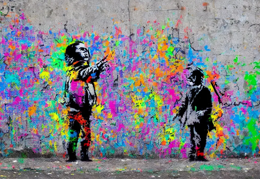 Image similar to full color banksy graffiti with statement of ai art is not art, detailed, realistic, ai weiwei, glitch art effect